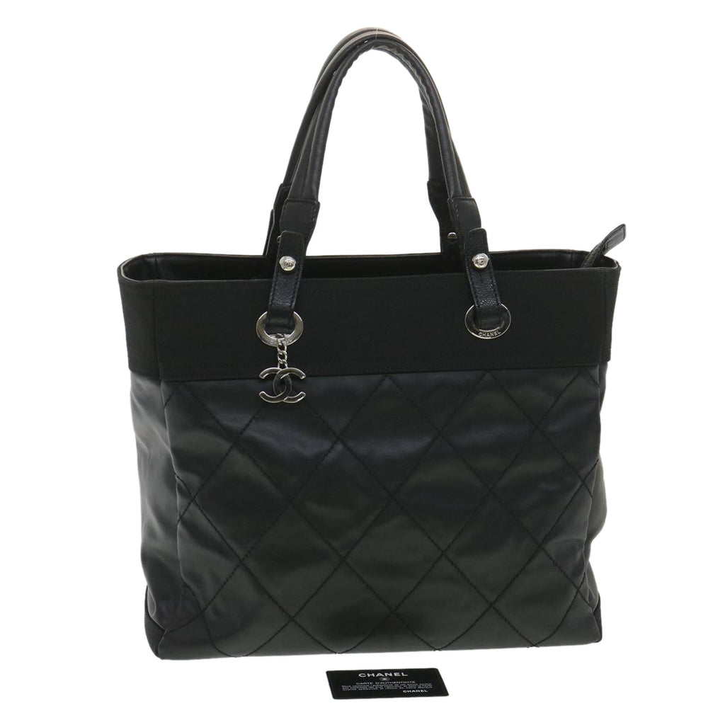 CHANEL Paris Biarritz MM Tote Bag Coated Canvas Black CC  37855
