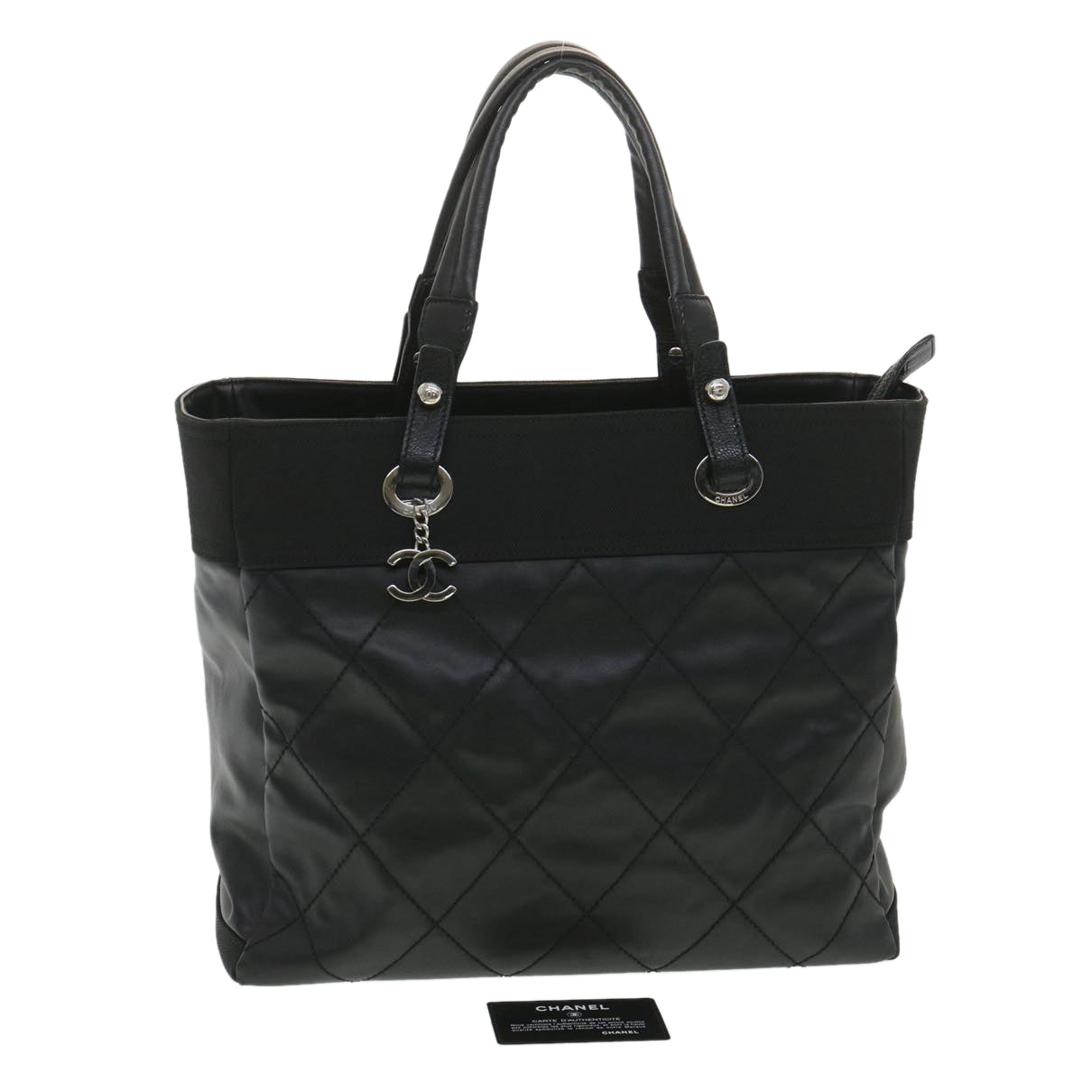 CHANEL Paris Biarritz MM Tote Bag Coated Canvas Black CC  37855