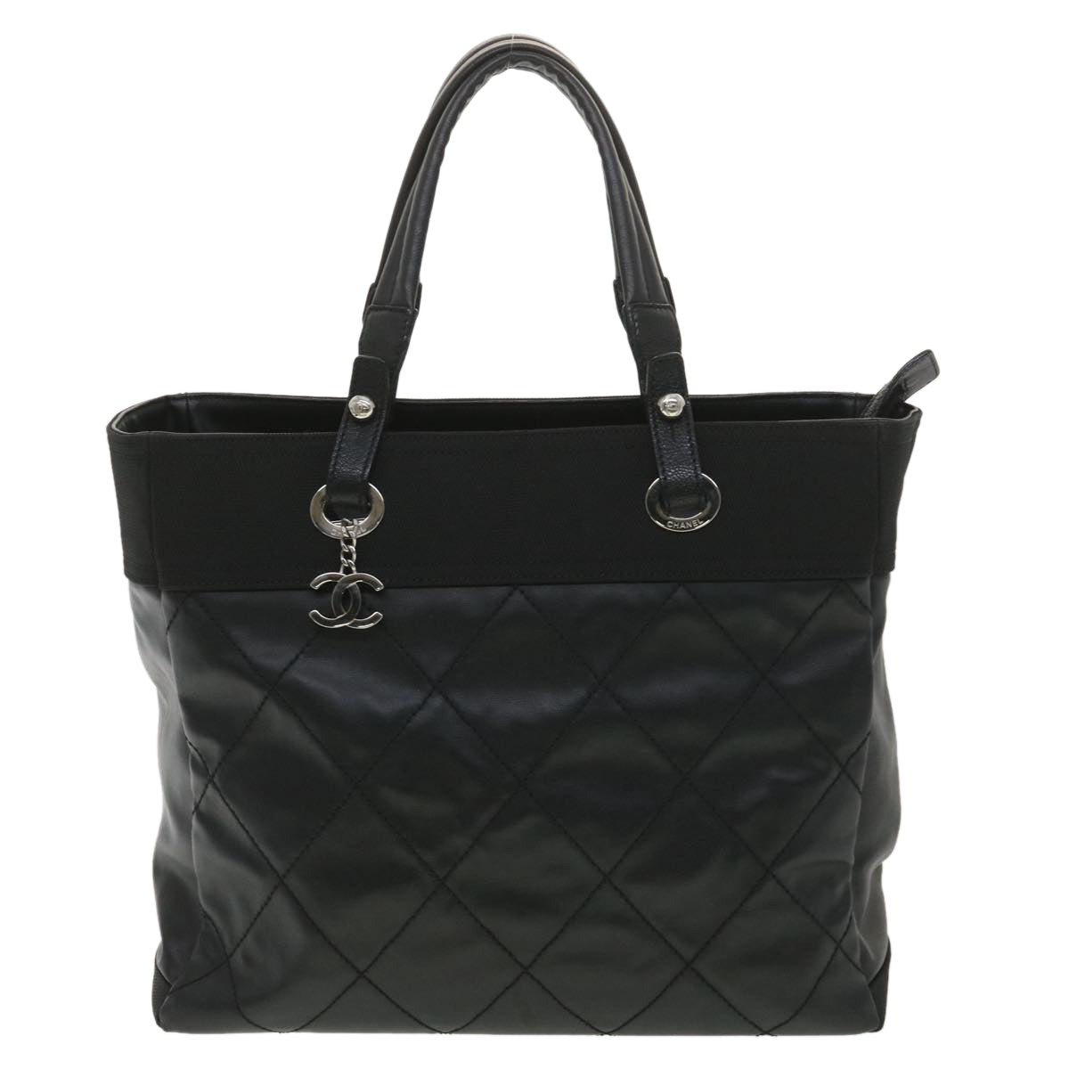 CHANEL Paris Biarritz MM Tote Bag Coated Canvas Black CC  37855