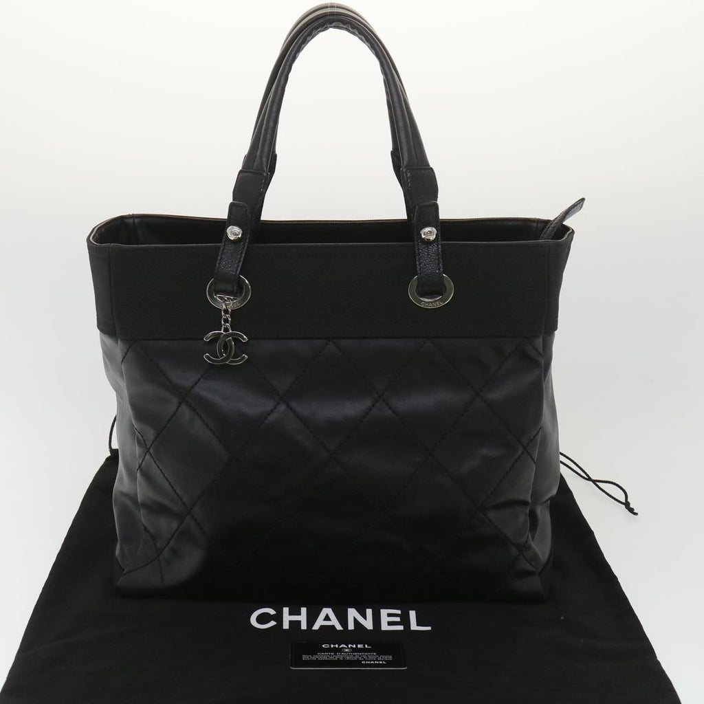 CHANEL Paris Biarritz MM Tote Bag Coated Canvas Black CC  37855
