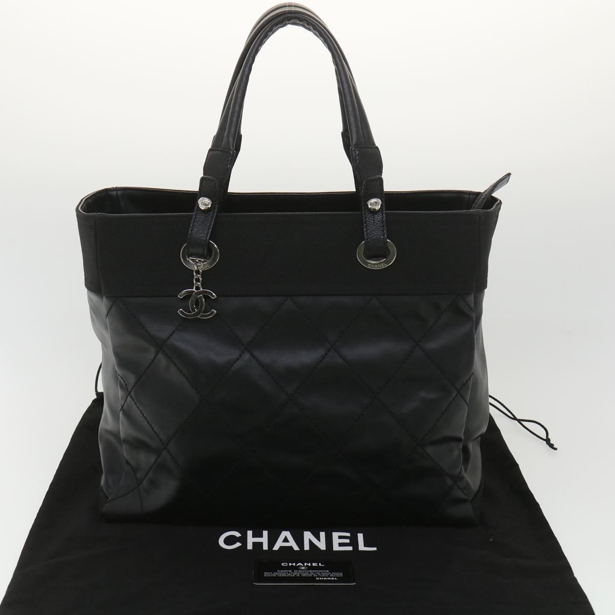 CHANEL Paris Biarritz MM Tote Bag Coated Canvas Black CC  37855