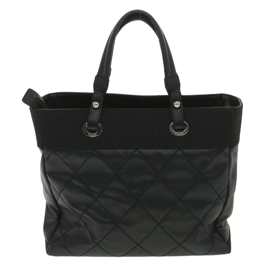 CHANEL Paris Biarritz MM Tote Bag Coated Canvas Black CC  37855