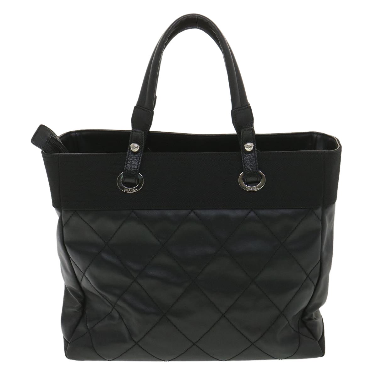 CHANEL Paris Biarritz MM Tote Bag Coated Canvas Black CC  37855