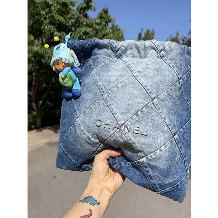 Chanel Women CC 22 Handbag Washed Denim Silver-Tone Metal Light Blue