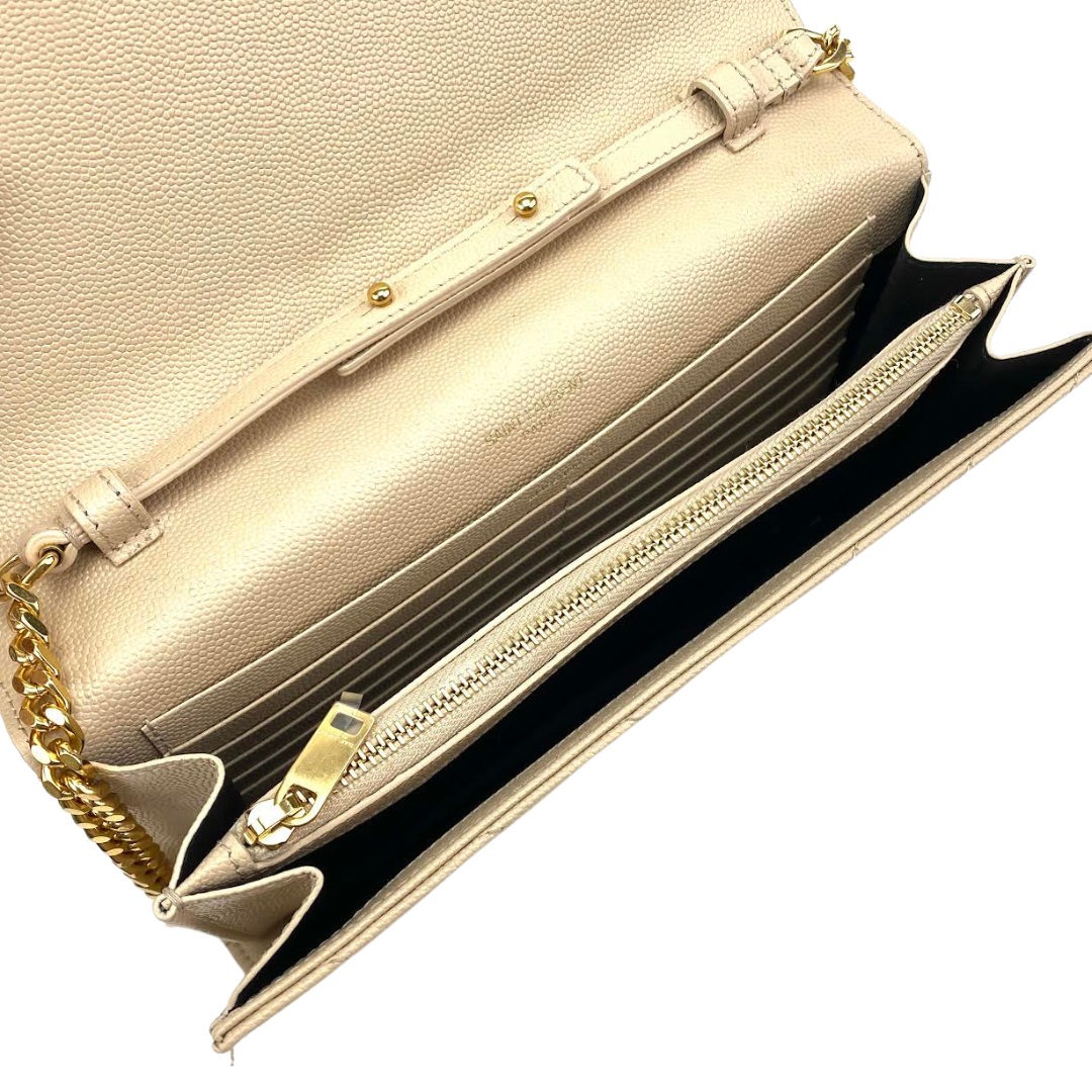 SAINT LAURENT Quilted Wallet on a Chain Beige