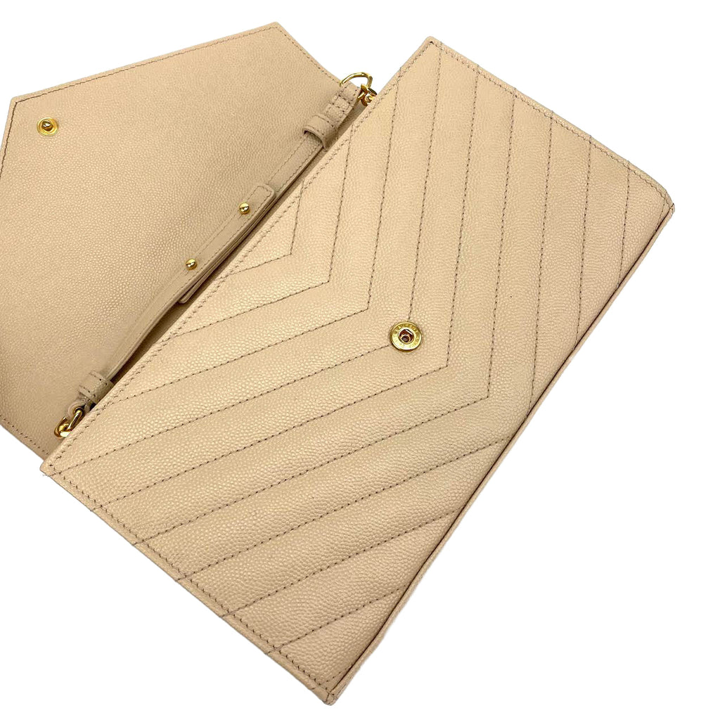 SAINT LAURENT Quilted Wallet on a Chain Beige