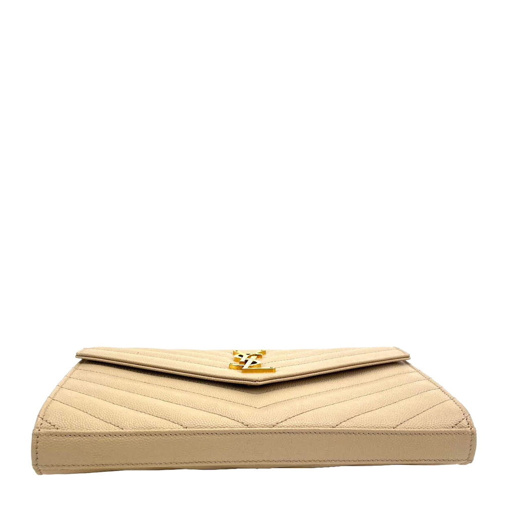 SAINT LAURENT Quilted Wallet on a Chain Beige