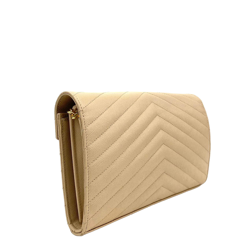 SAINT LAURENT Quilted Wallet on a Chain Beige