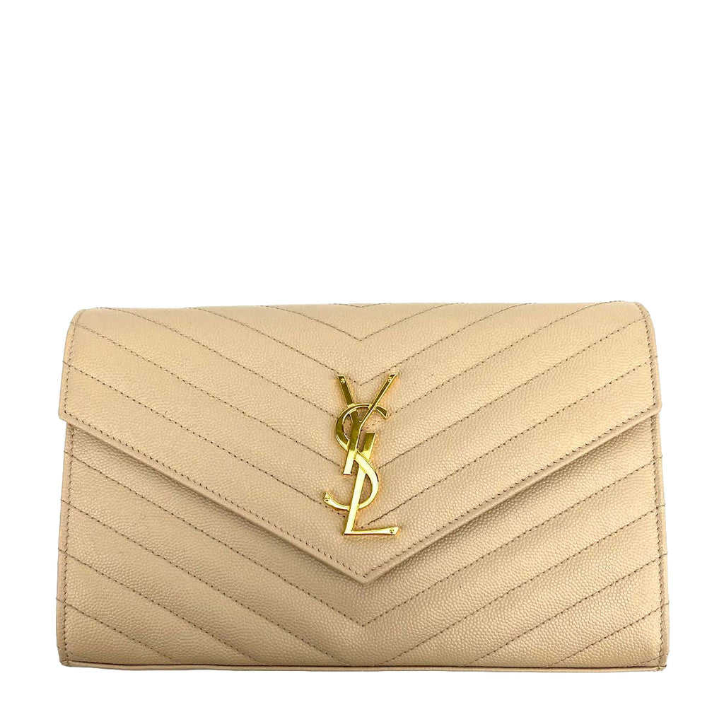 SAINT LAURENT Quilted Wallet on a Chain Beige