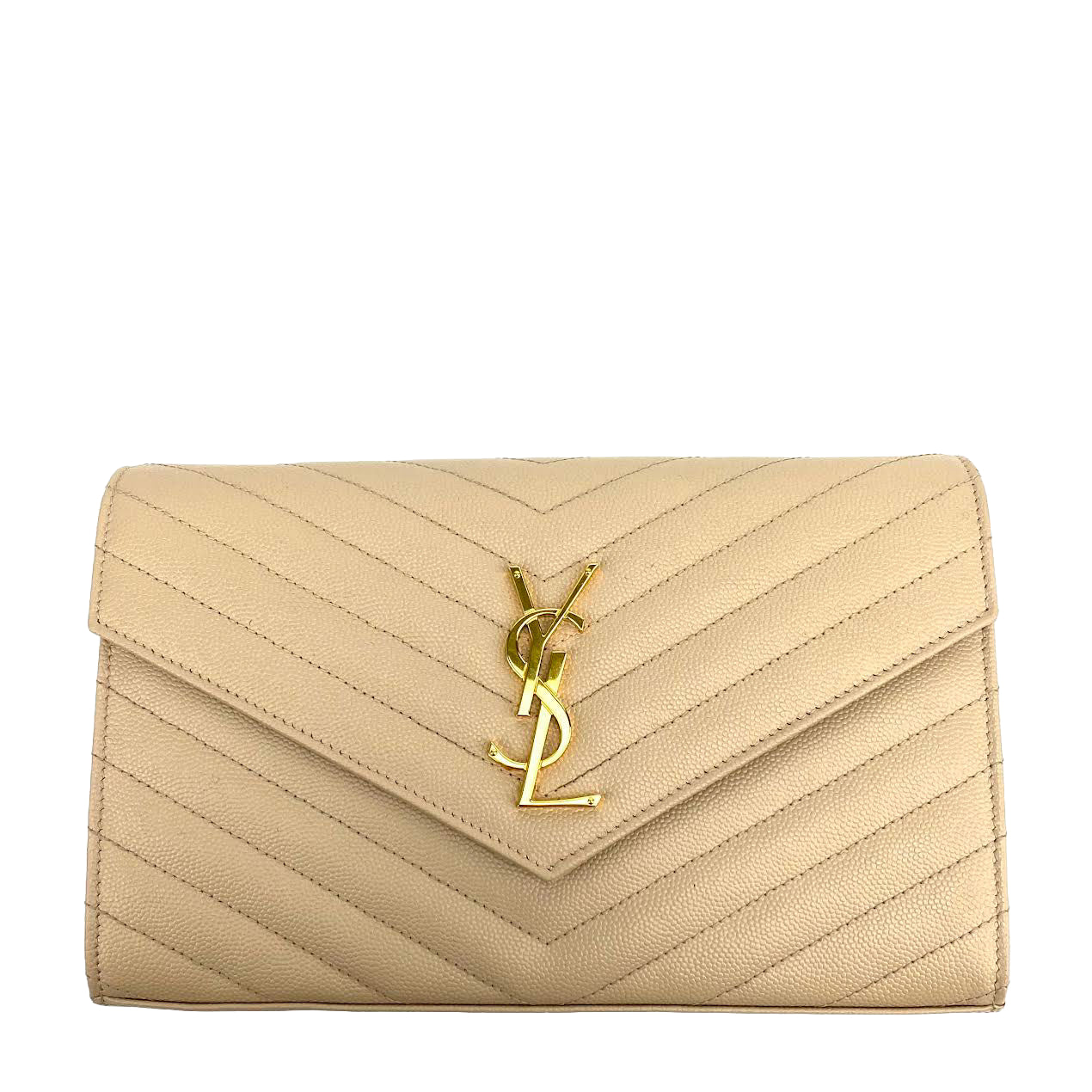 SAINT LAURENT Quilted Wallet on a Chain Beige