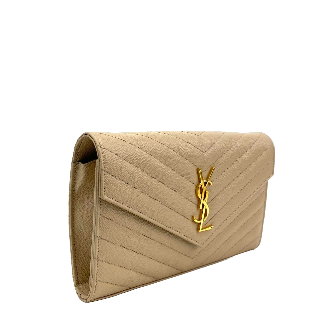 SAINT LAURENT Quilted Wallet on a Chain Beige