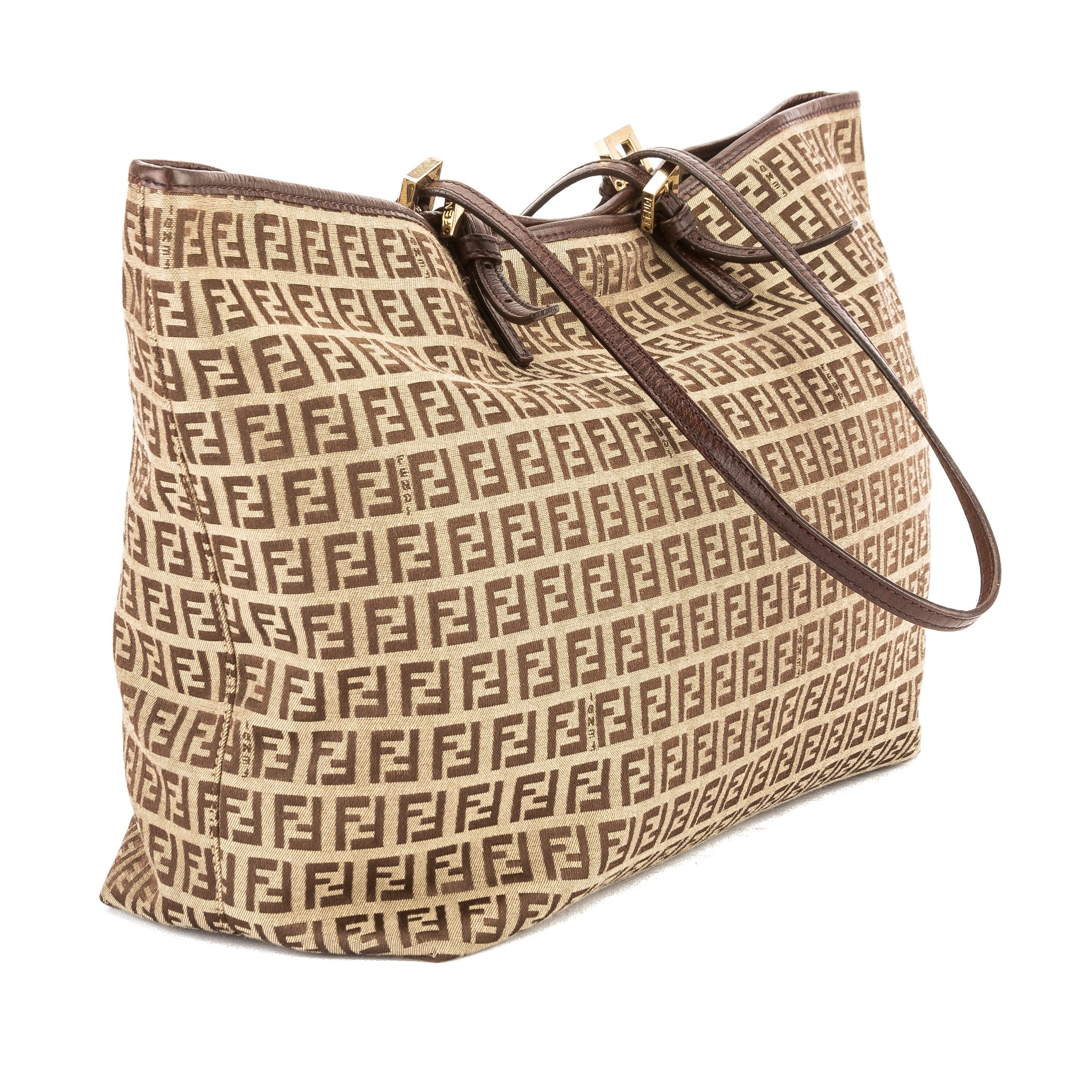 Fendi Brown Leather Zucca Canvas Tote Bag (Pre Owned)