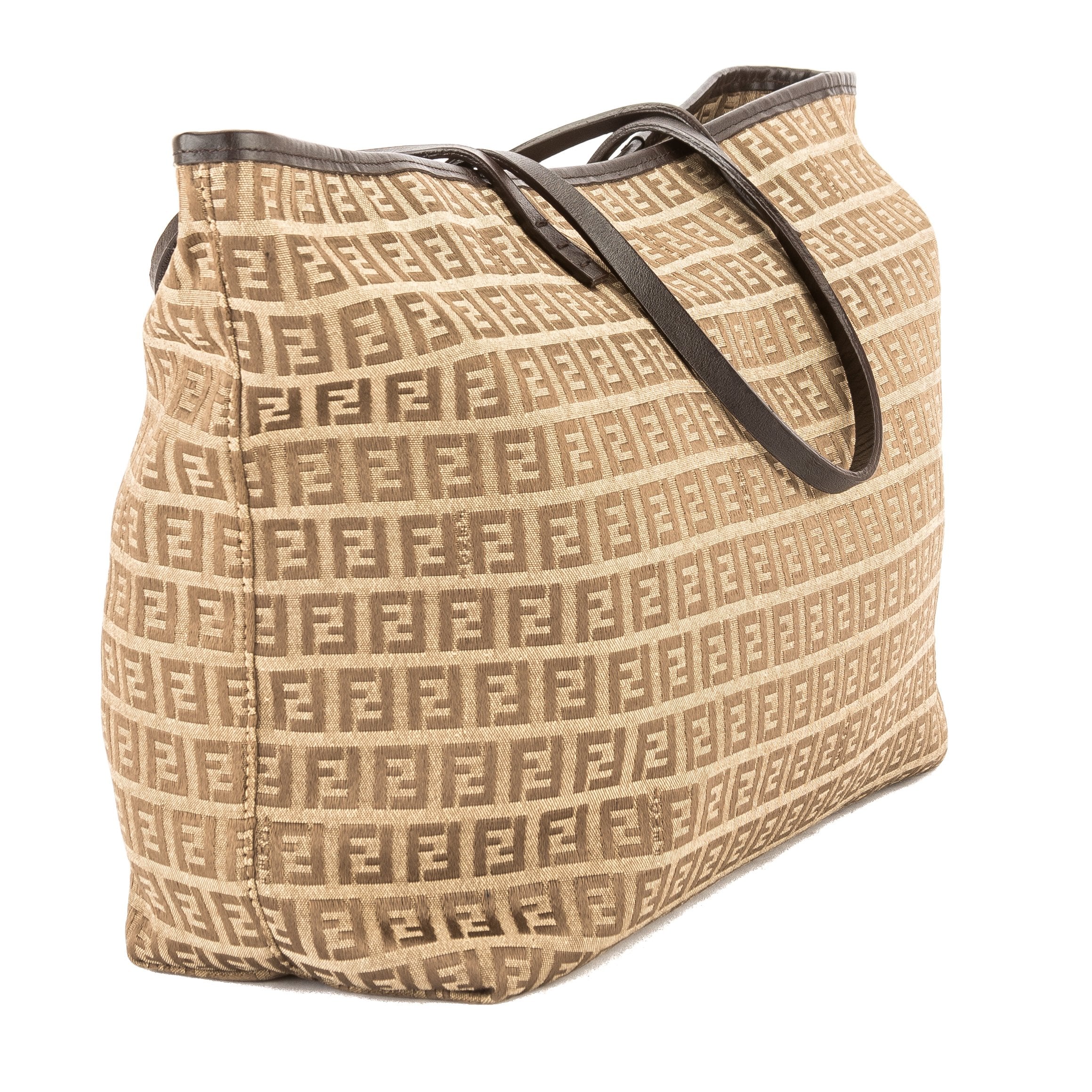 Fendi Brown Leather Zucca Canvas Tote Bag (Pre Owned)