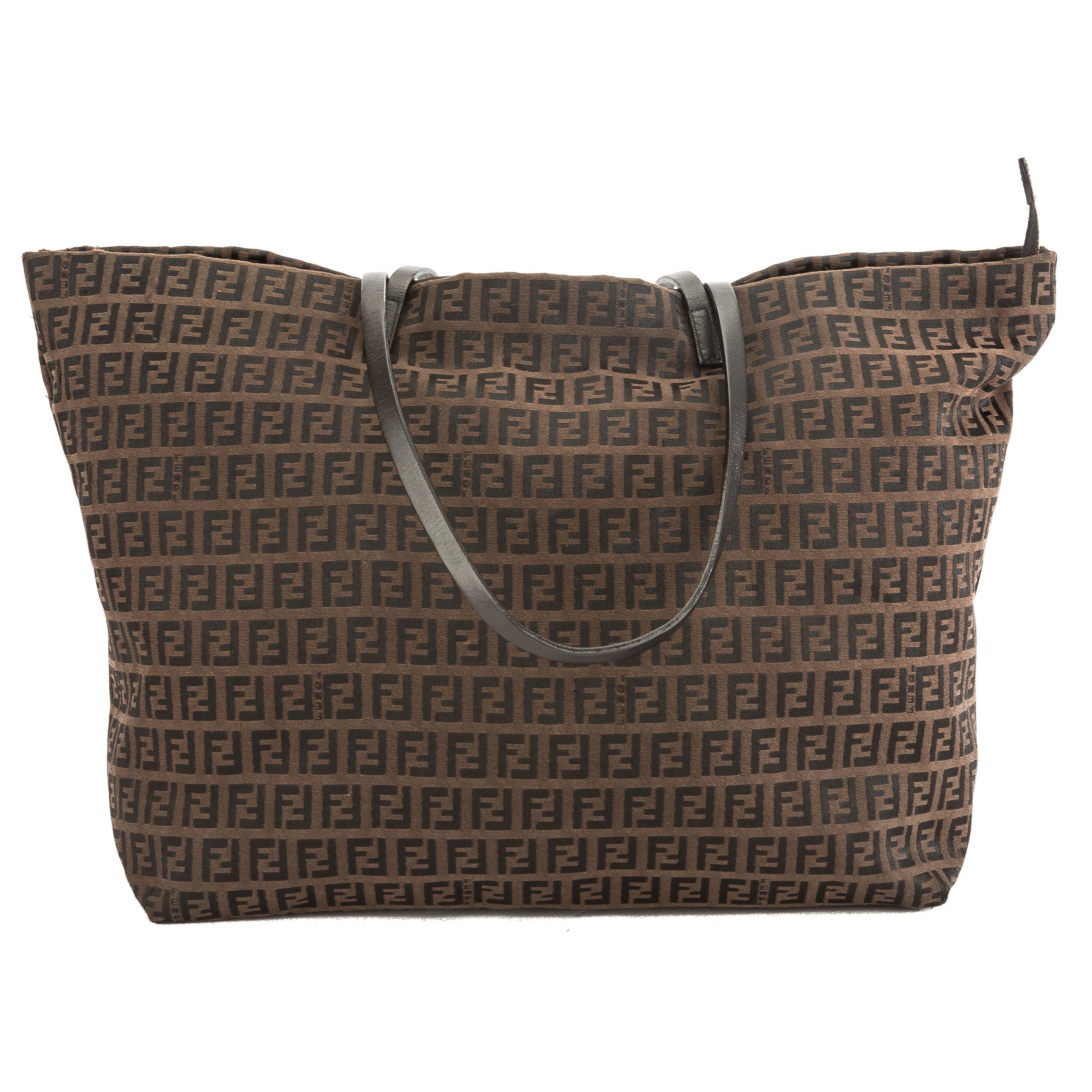 Fendi Brown Leather Zucca Nylon Canvas Tote Bag