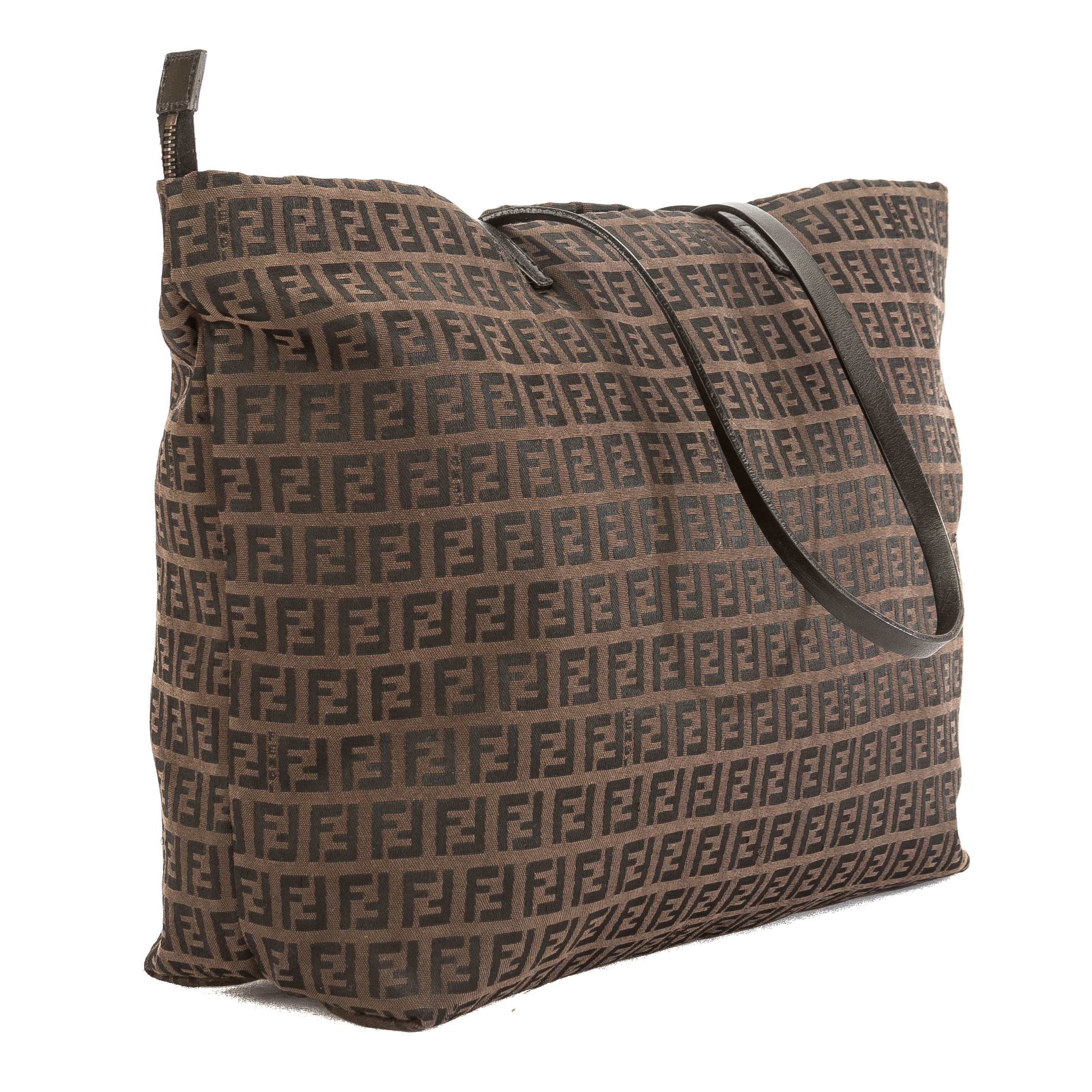 Fendi Brown Leather Zucca Nylon Canvas Tote Bag (Pre Owned)