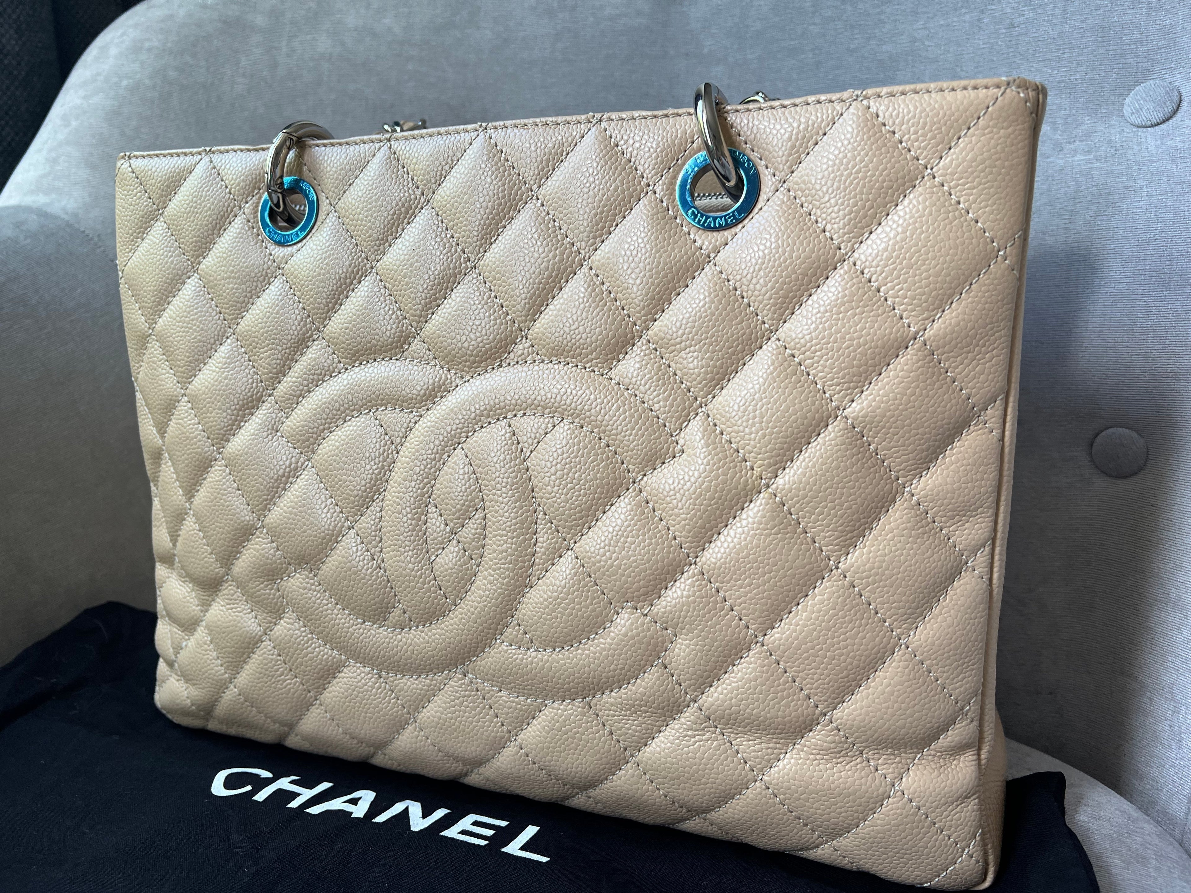 Chanel Light Beige Caviar Grand Shopper Tote with silver hardware (GST)