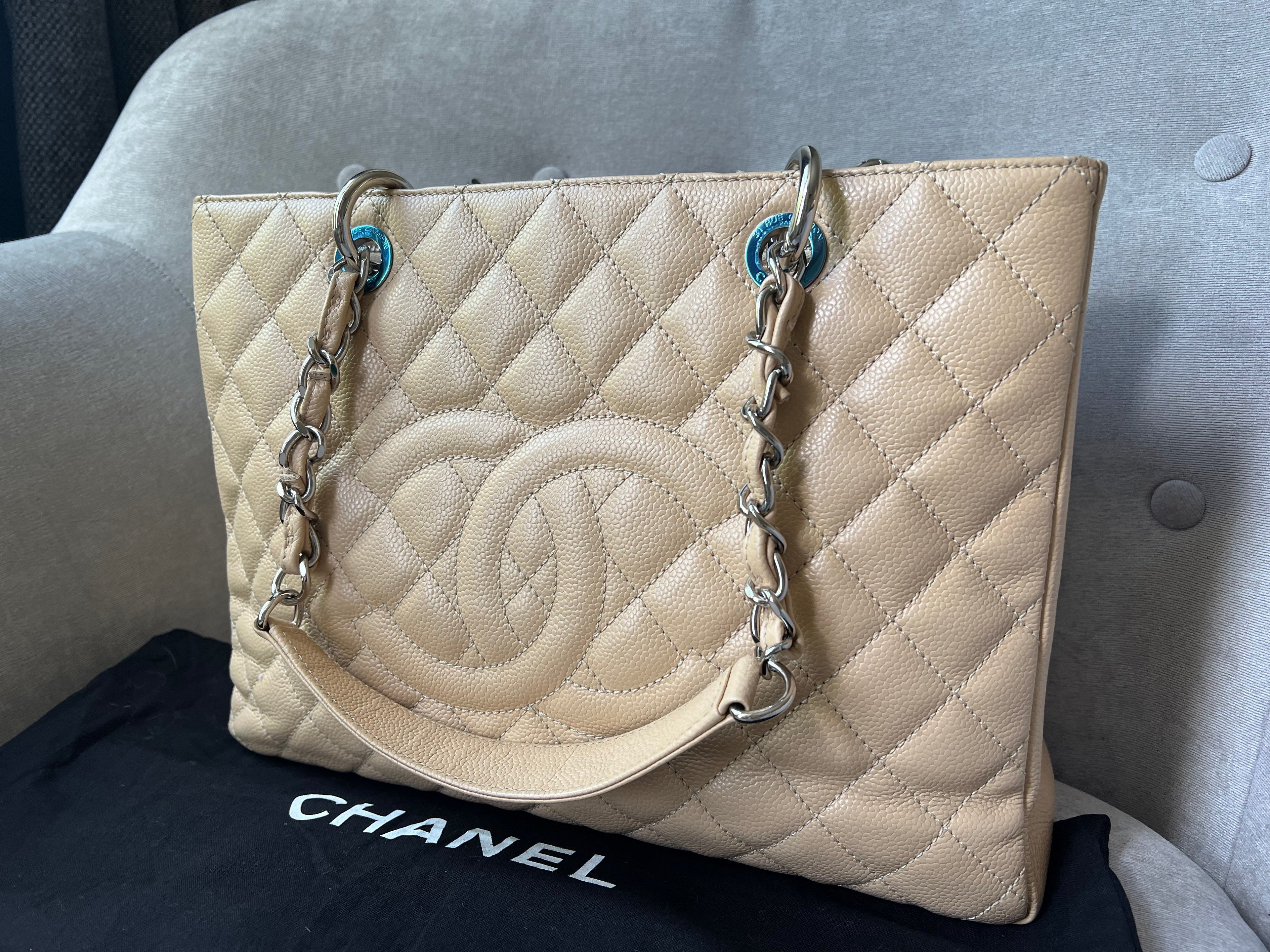 Chanel Light Beige Caviar Grand Shopper Tote with silver hardware (GST)