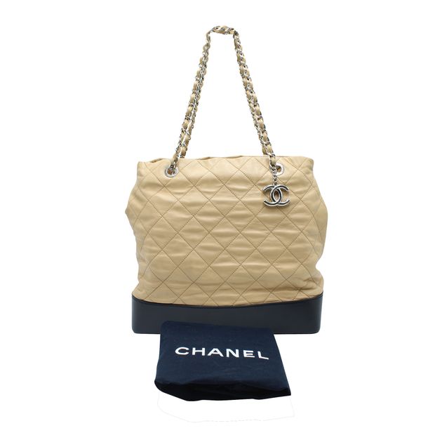 CHANEL Light Brown And Black Quilted Tote Bag In Silver Hardware
