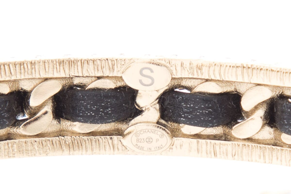 Chanel 2023 Black & Gold Leather Chain Crystal Detail Cuff  Bracelet