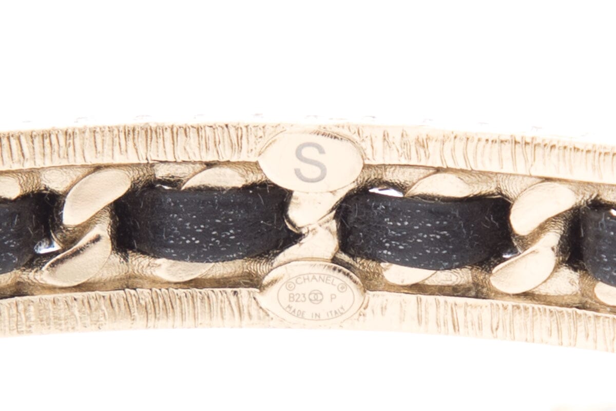 Chanel 2023 Black & Gold Leather Chain Crystal Detail Cuff  Bracelet