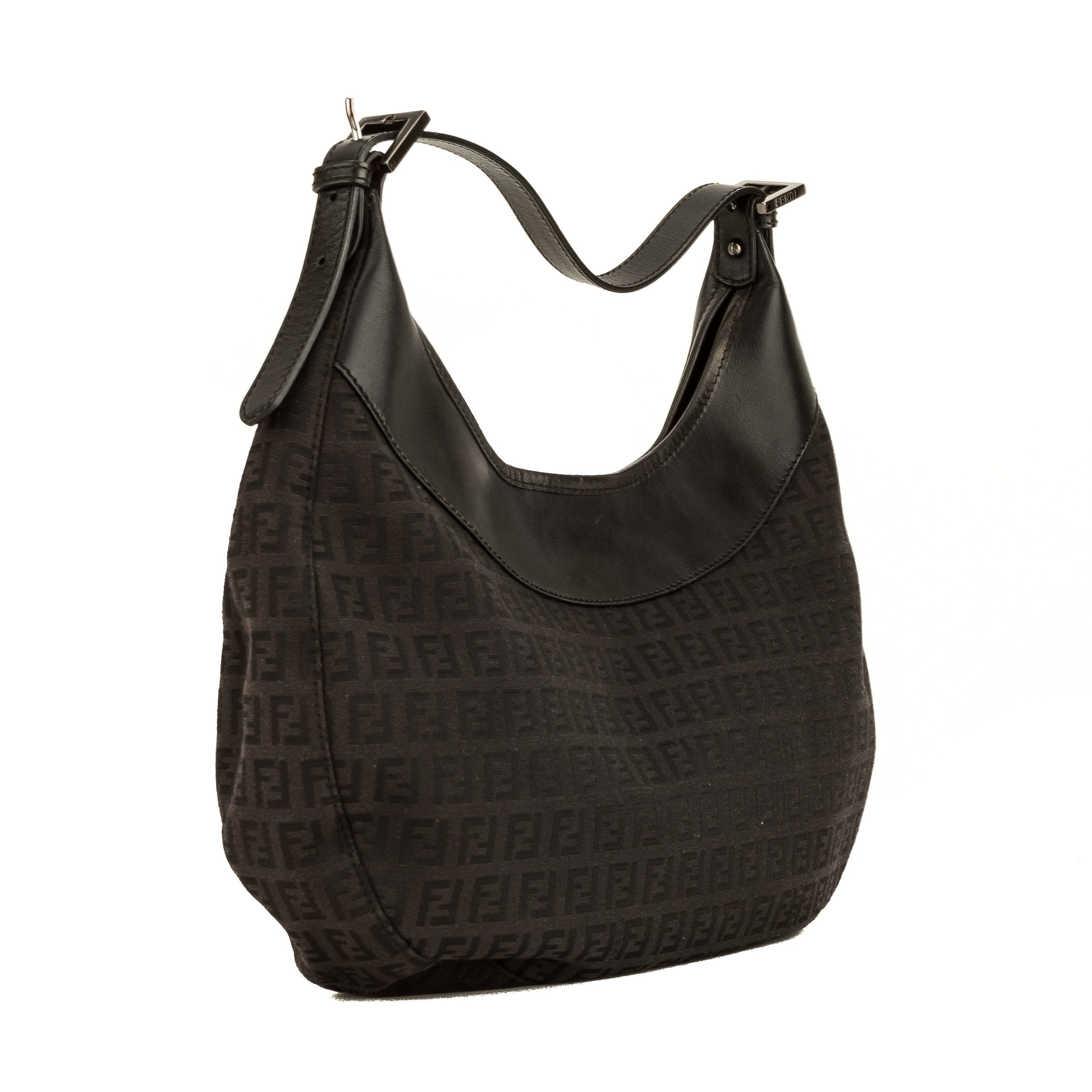 Fendi Black Leather Zucca Canvas Hobo Bag (4092011)