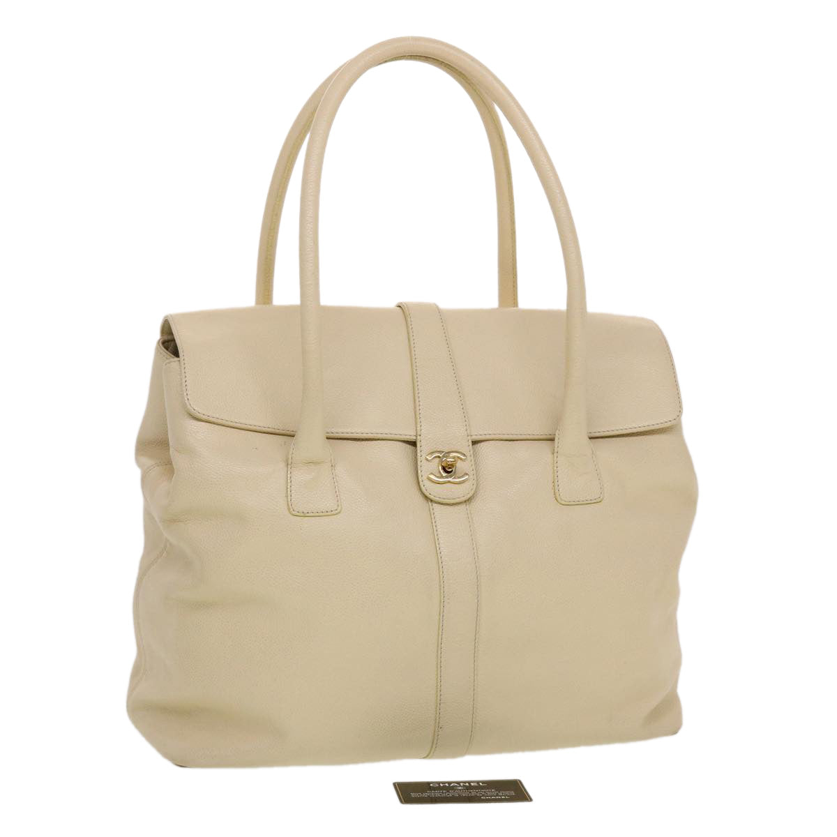 CHANEL Turn Lock Flap Executive Tote Bag Caviar Skin Beige CC  43325