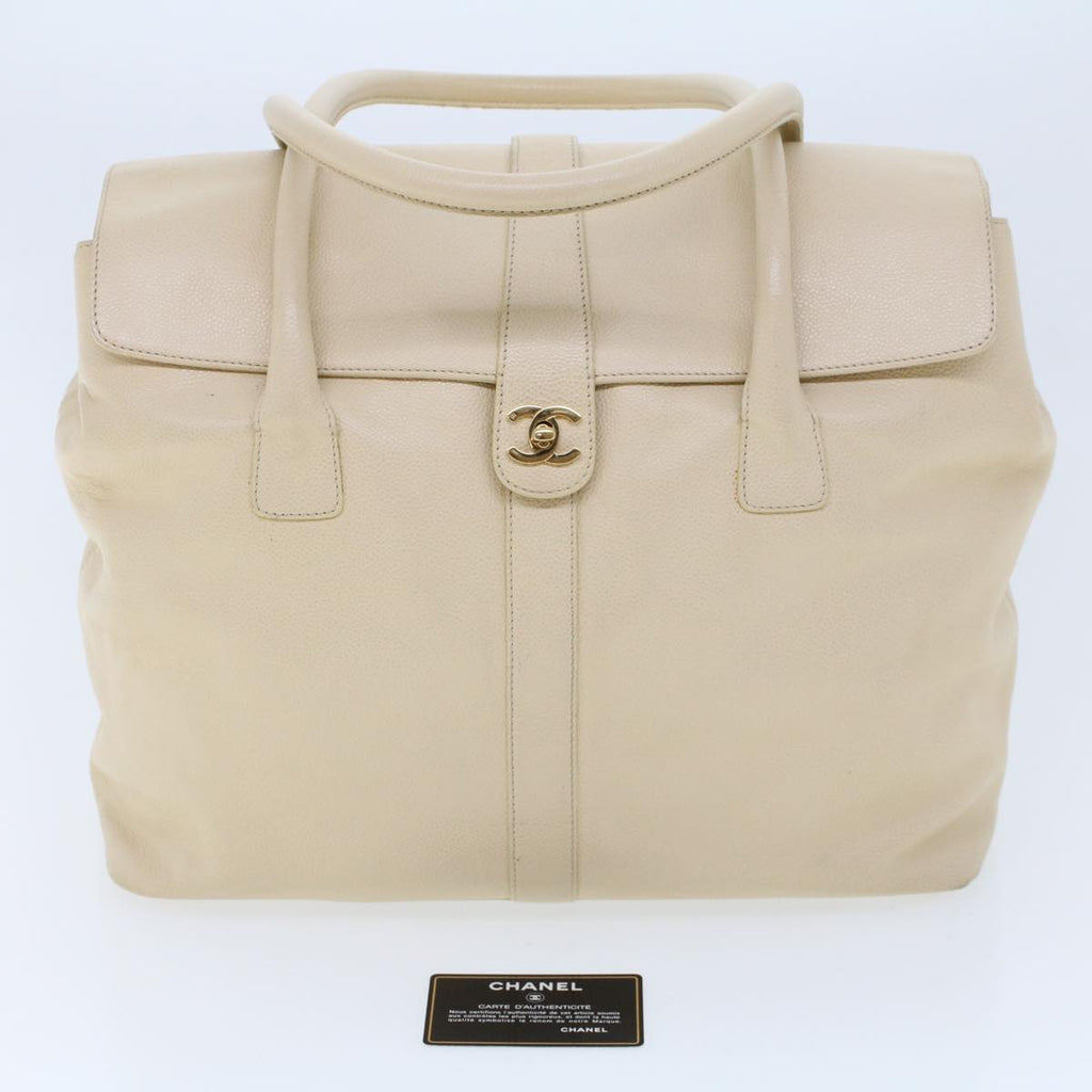 CHANEL Turn Lock Flap Executive Tote Bag Caviar Skin Beige CC  43325