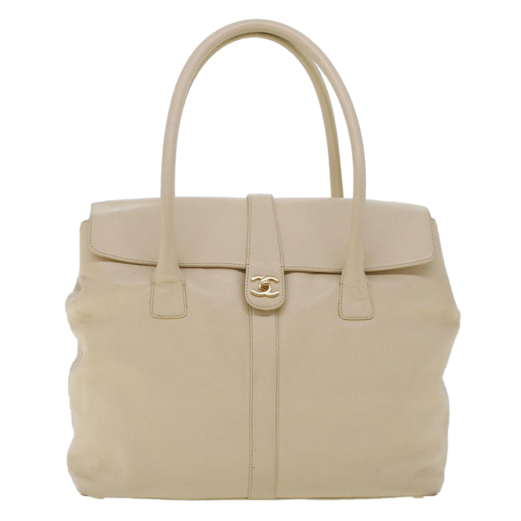 CHANEL Turn Lock Flap Executive Tote Bag Caviar Skin Beige CC Auth 43325