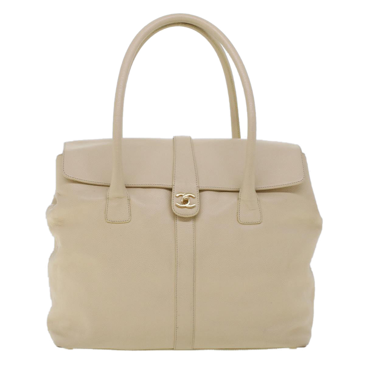 CHANEL Turn Lock Flap Executive Tote Bag Caviar Skin Beige CC Auth 43325
