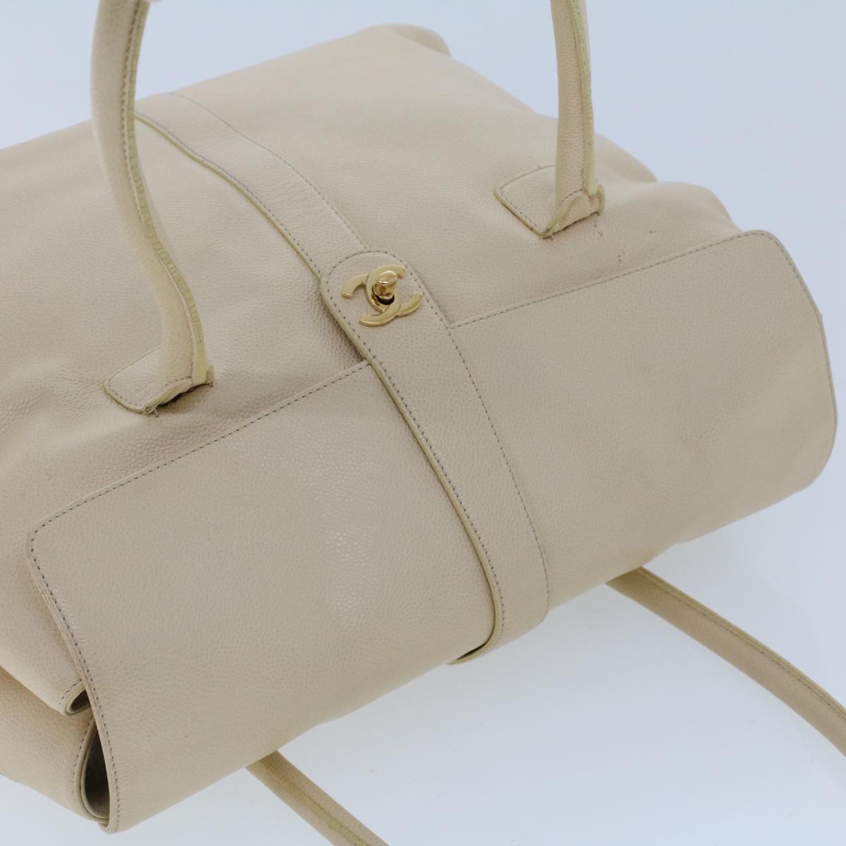 CHANEL Turn Lock Flap Executive Tote Bag Caviar Skin Beige CC  43325