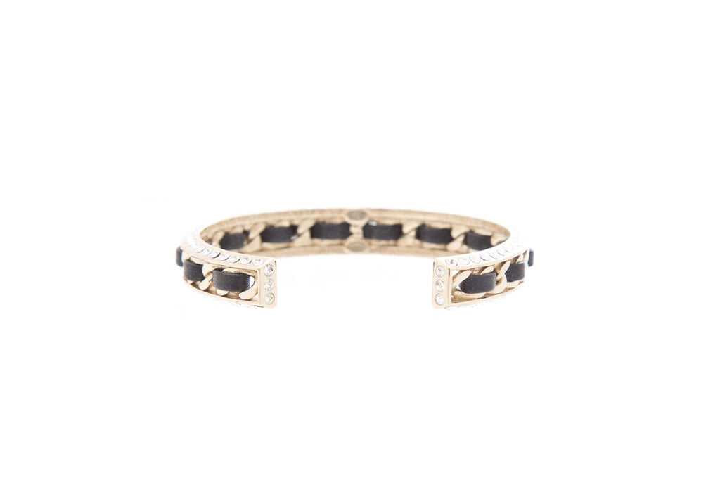 Chanel 2023 Black & Gold Leather Chain Crystal Detail Cuff  Bracelet