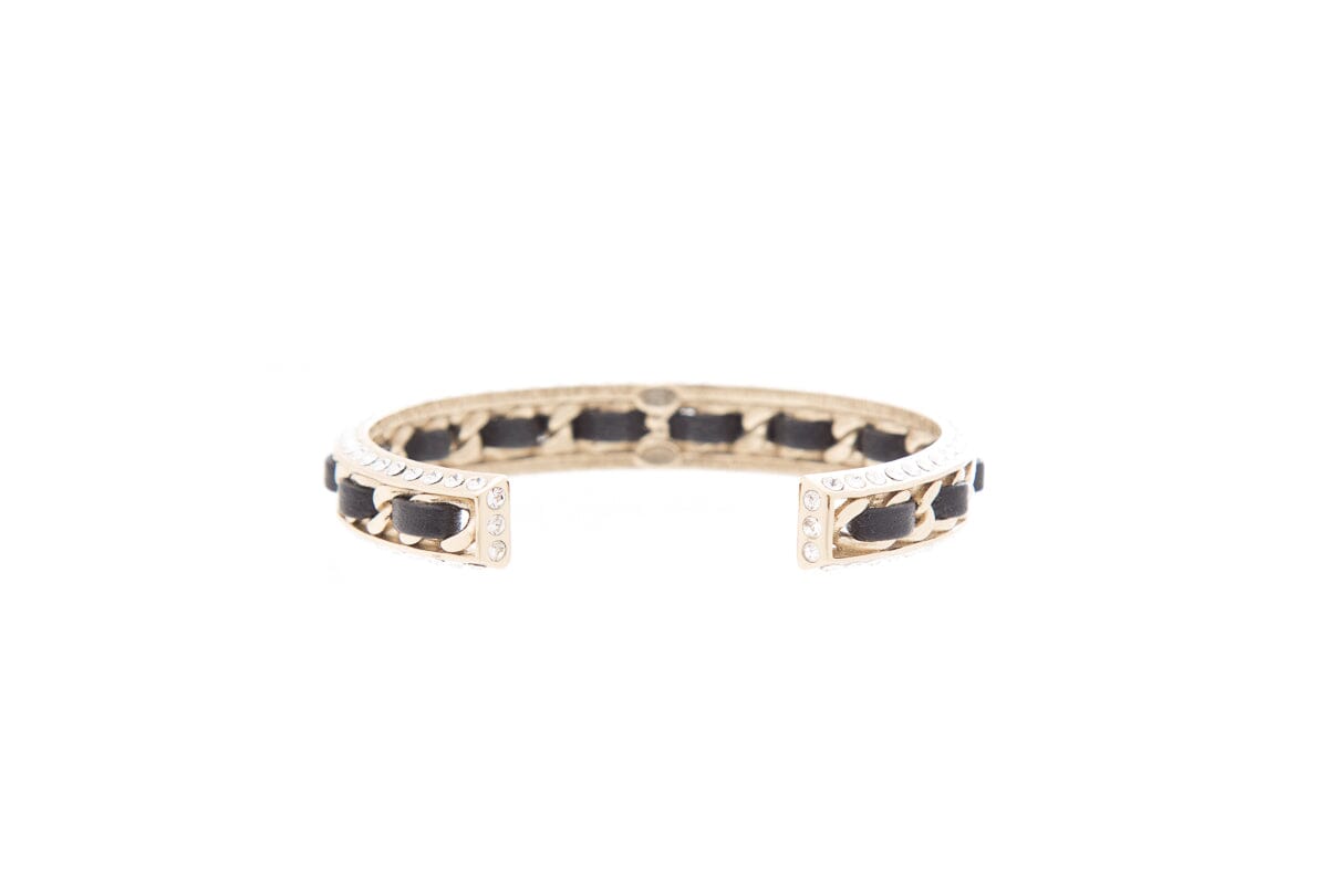 Chanel 2023 Black & Gold Leather Chain Crystal Detail Cuff  Bracelet