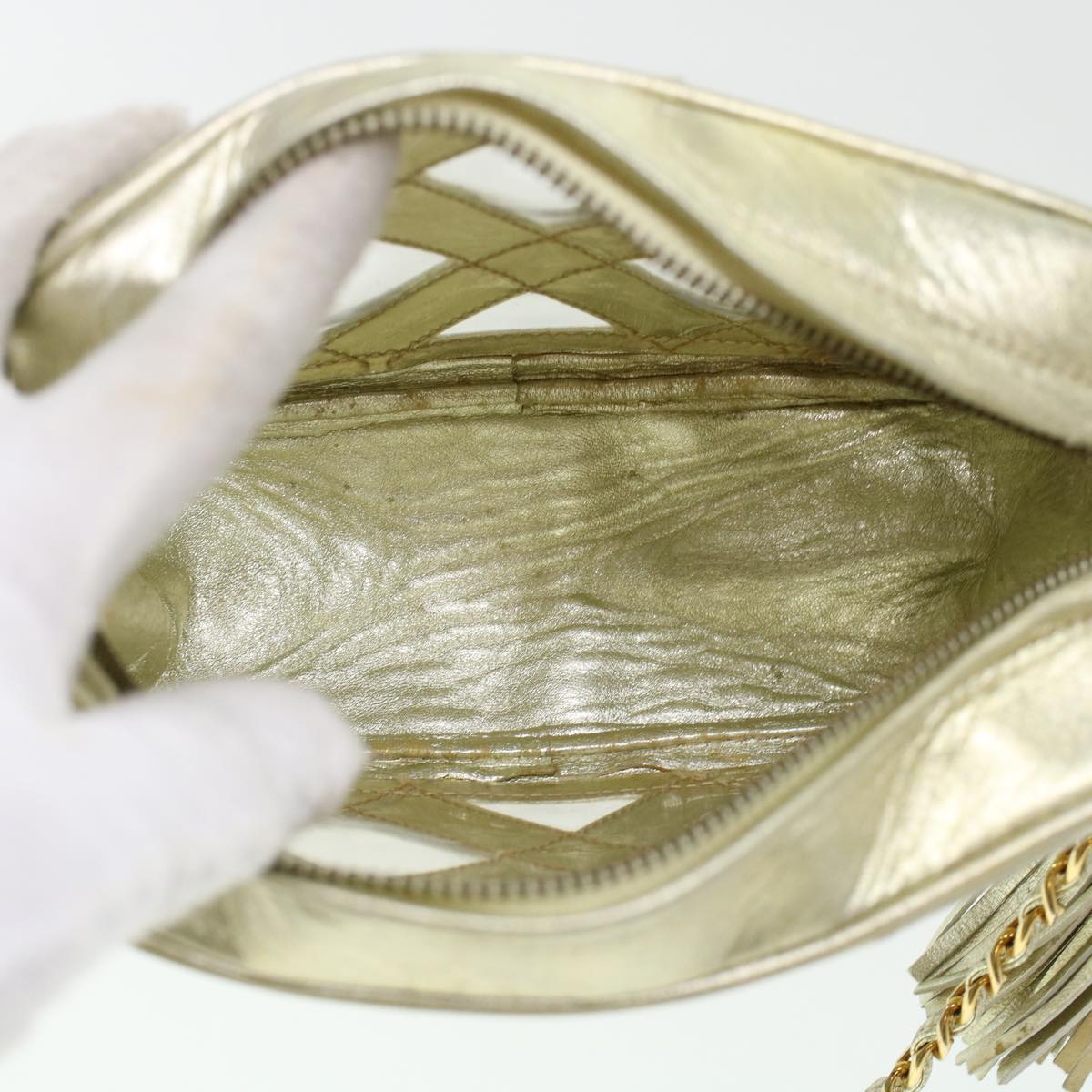 CHANEL Fringe Chain Shoulder Bag Lamb Skin Gold CC  44673