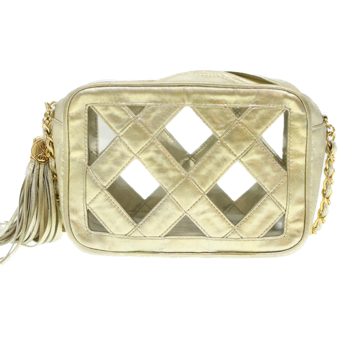 CHANEL Fringe Chain Shoulder Bag Lamb Skin Gold CC  44673