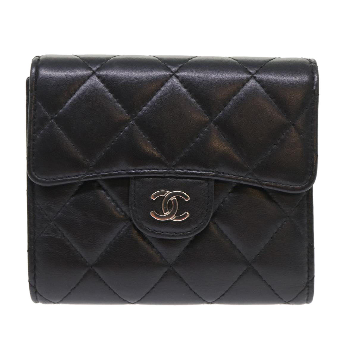 CHANEL Matelasse Wallet Lamb Skin Black CC Auth 47561