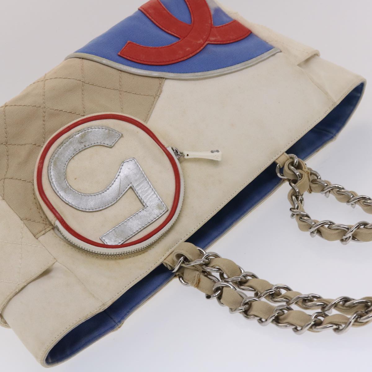 CHANEL Chain Tote Bag No5 Canvas White CC Auth 49901