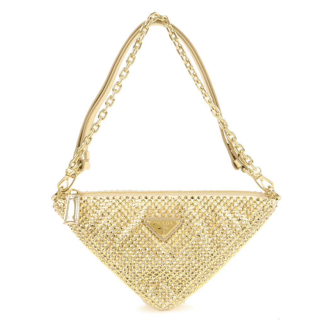 PRADA Triangle Leather Satin Rhine Stone Shoulder Bag Gold 1BC190