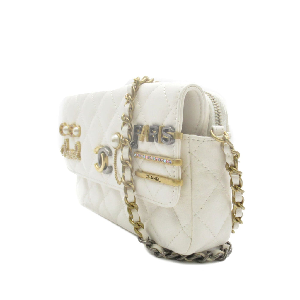 CHANEL Lambskin Pearl Signature Flap Phone Holder Crossbody Bag