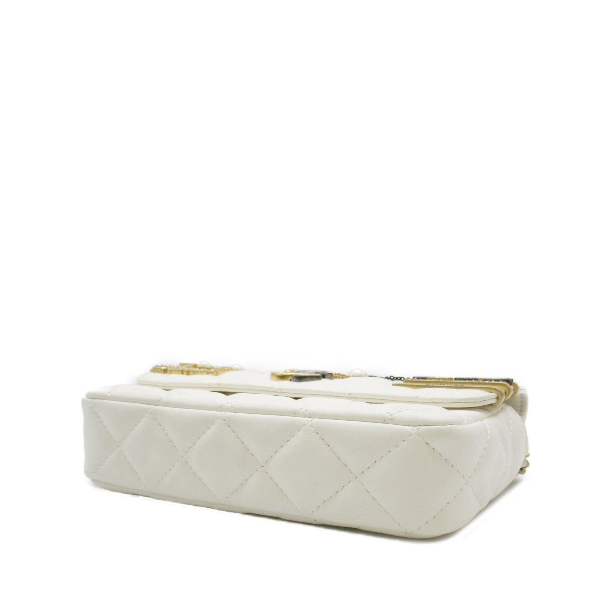 CHANEL Lambskin Pearl Signature Flap Phone Holder Crossbody Bag