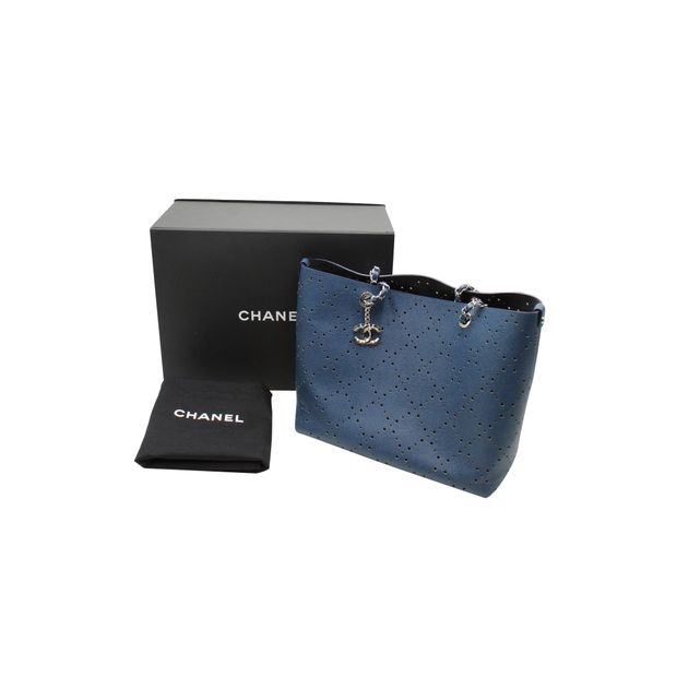 CHANEL Blue Perforated Large Shopping Tote-Grained Calfskin Caviar Leather - Pouch