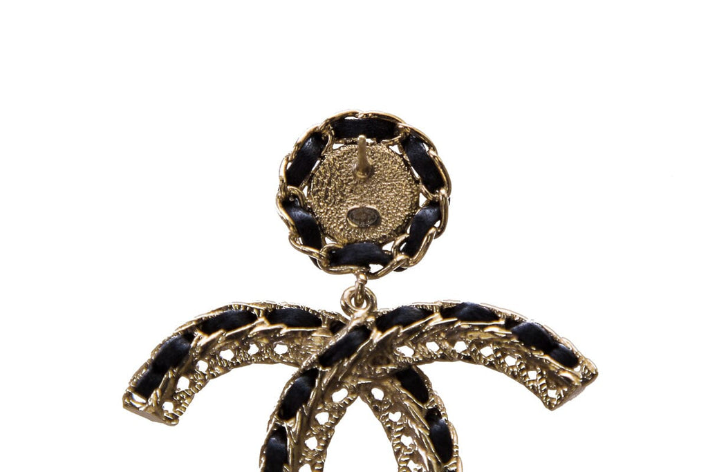 Chanel Black Leather and Gold CC Dangle Earrings