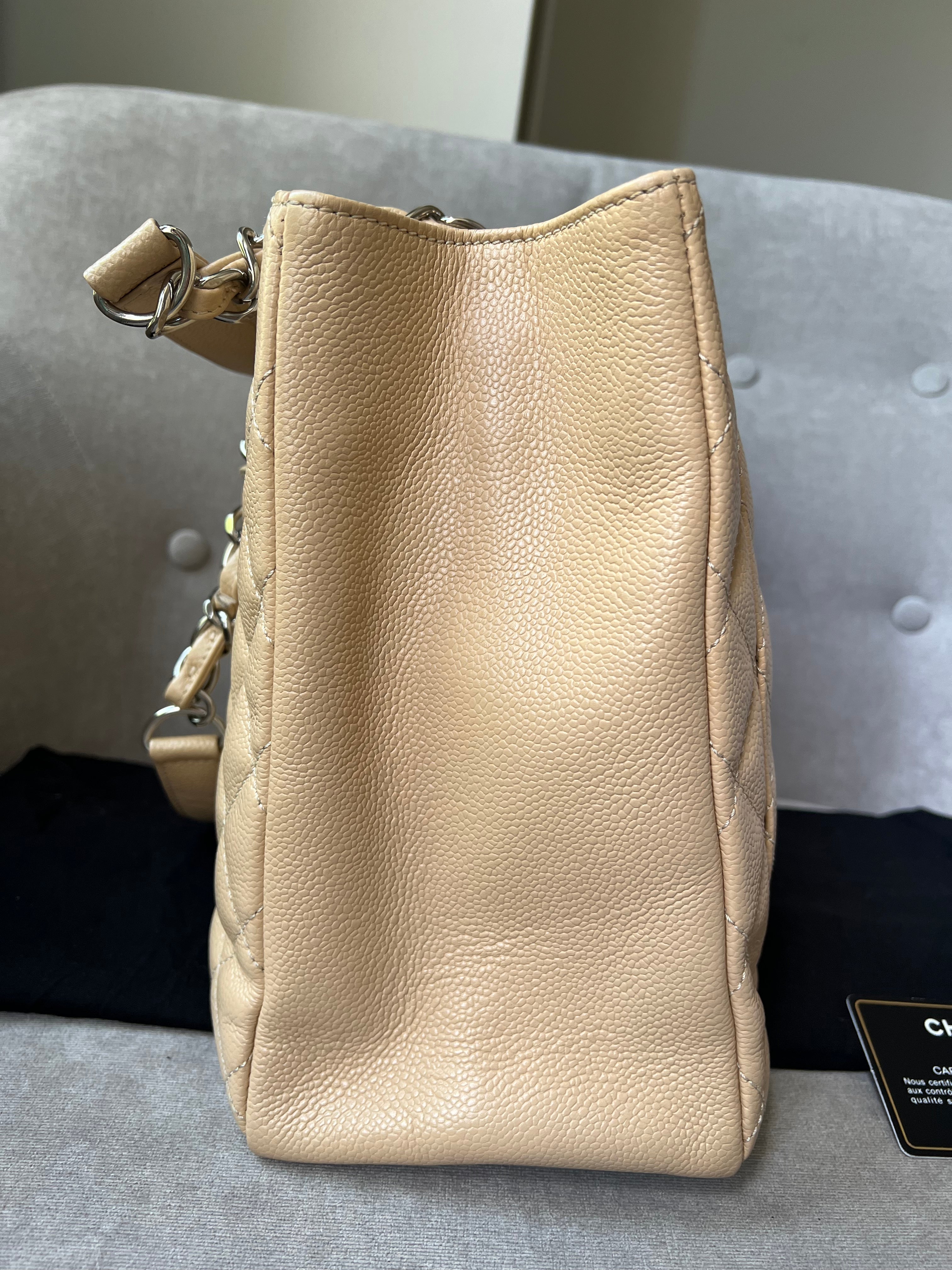 Chanel Light Beige Caviar Grand Shopper Tote with silver hardware (GST)