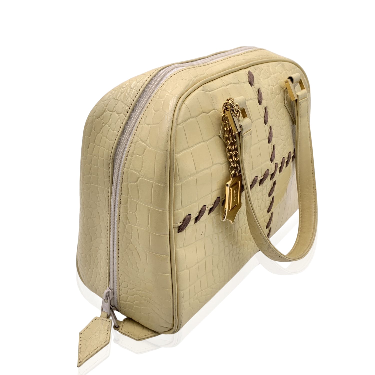 YVES SAINT LAURENT Vintage Beige Embossed Leather Bowling Bag