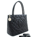 CHANEL Silver Medallion Caviar Shoulder Bag Grand Shopping Tote i75