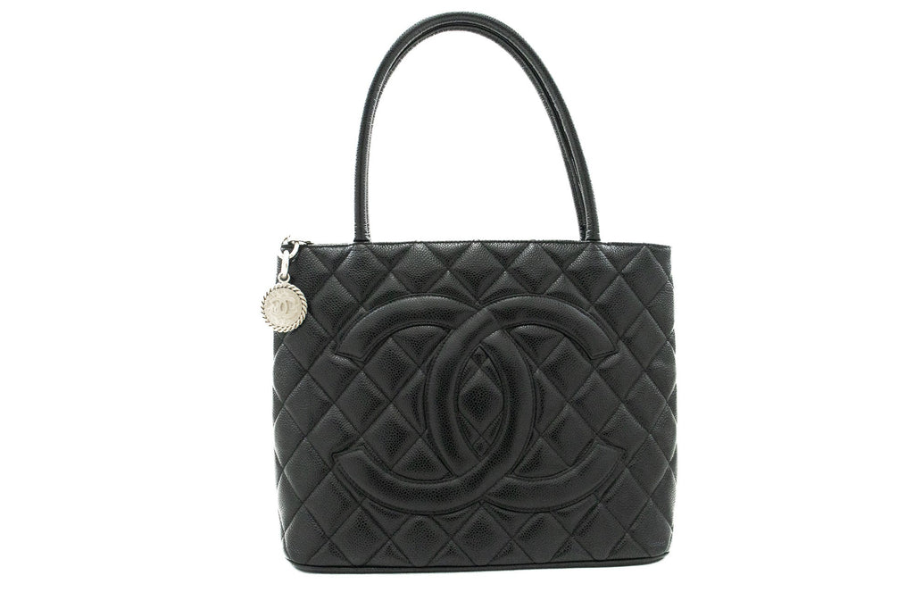 CHANEL Silver Medallion Caviar Shoulder Bag Grand Shopping Tote i75