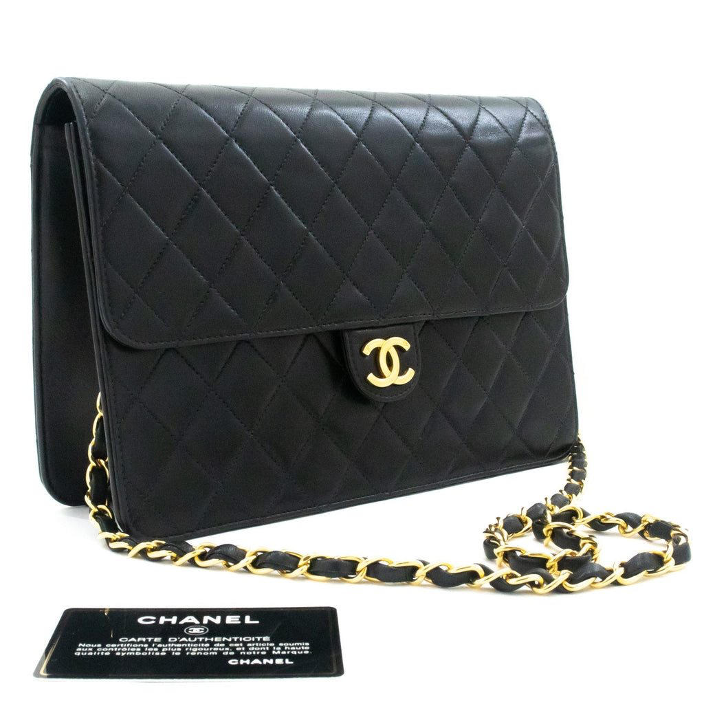 CHANEL Chain Shoulder Bag Clutch Black Quilted Flap Lambskin Purse k11