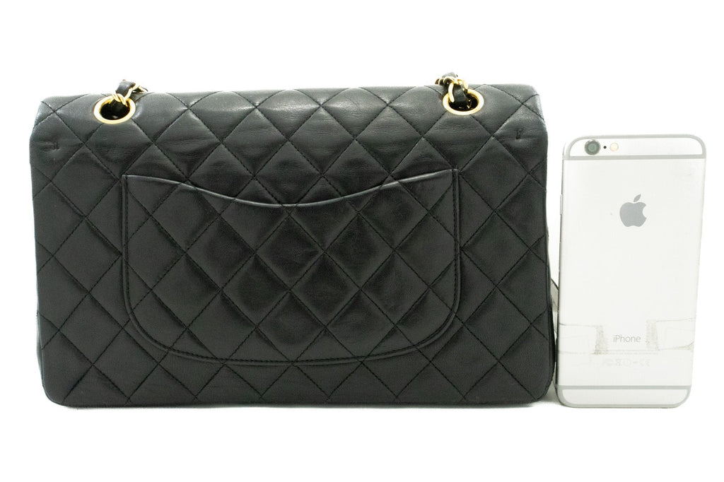 CHANEL Classic Double Flap 10" Chain Shoulder Bag Black Lambskin k62