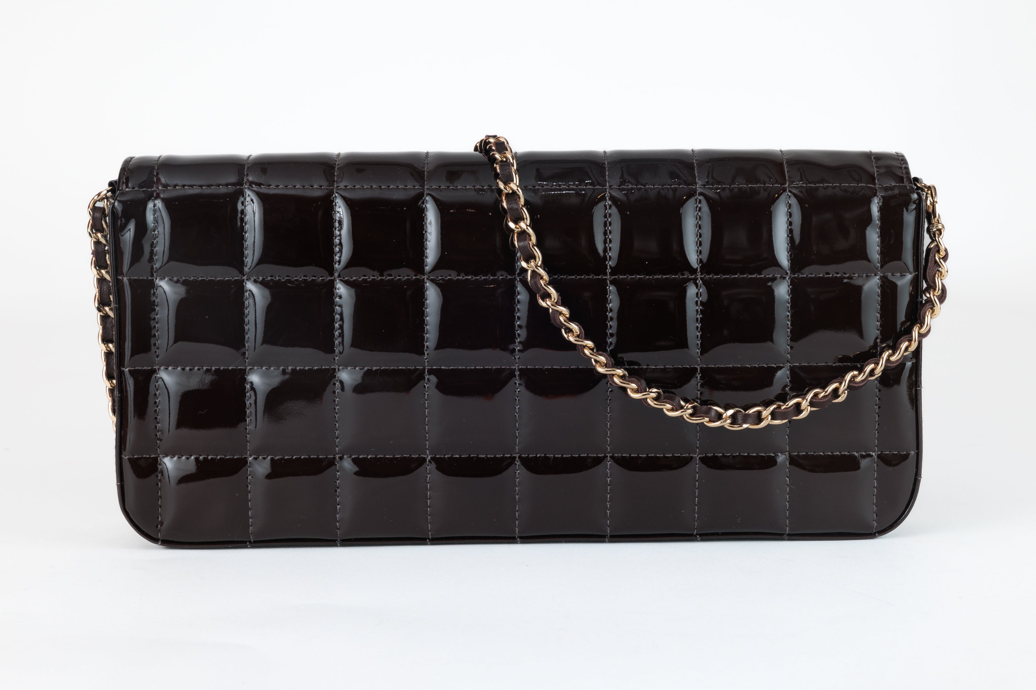 Chanel Brown Patent Leather  Chocolate Bar East West Flap Bag with Gold Hardware