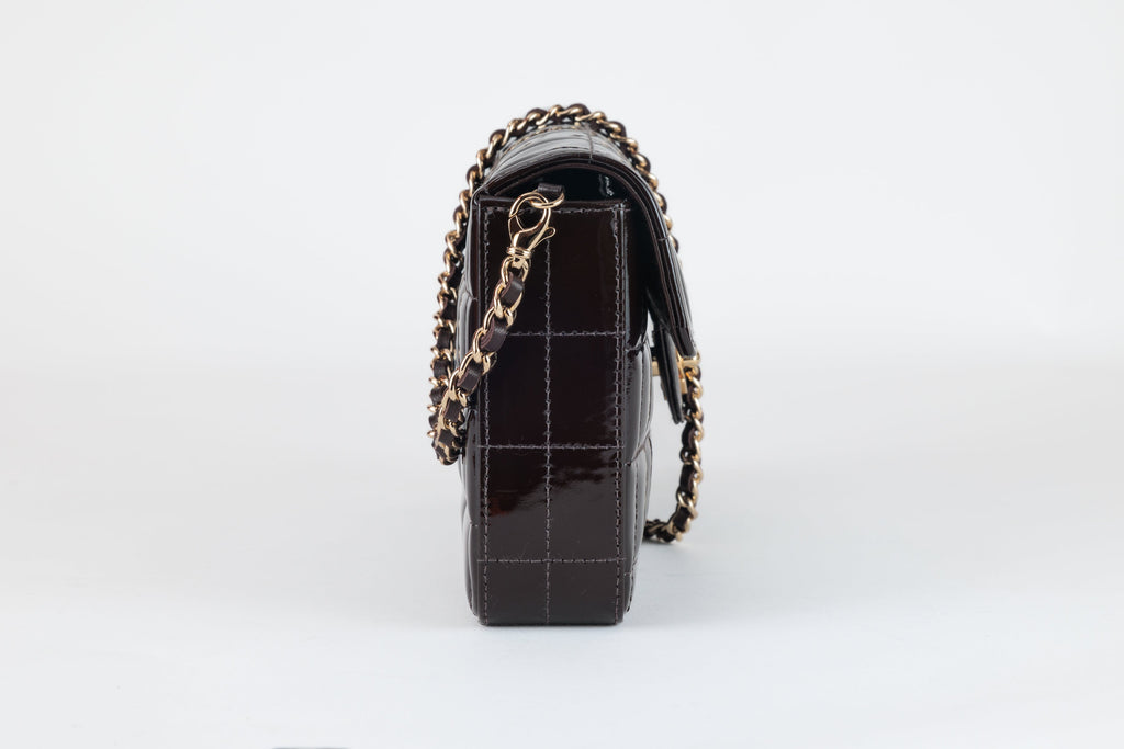 Chanel Brown Patent Leather  Chocolate Bar East West Flap Bag with Gold Hardware