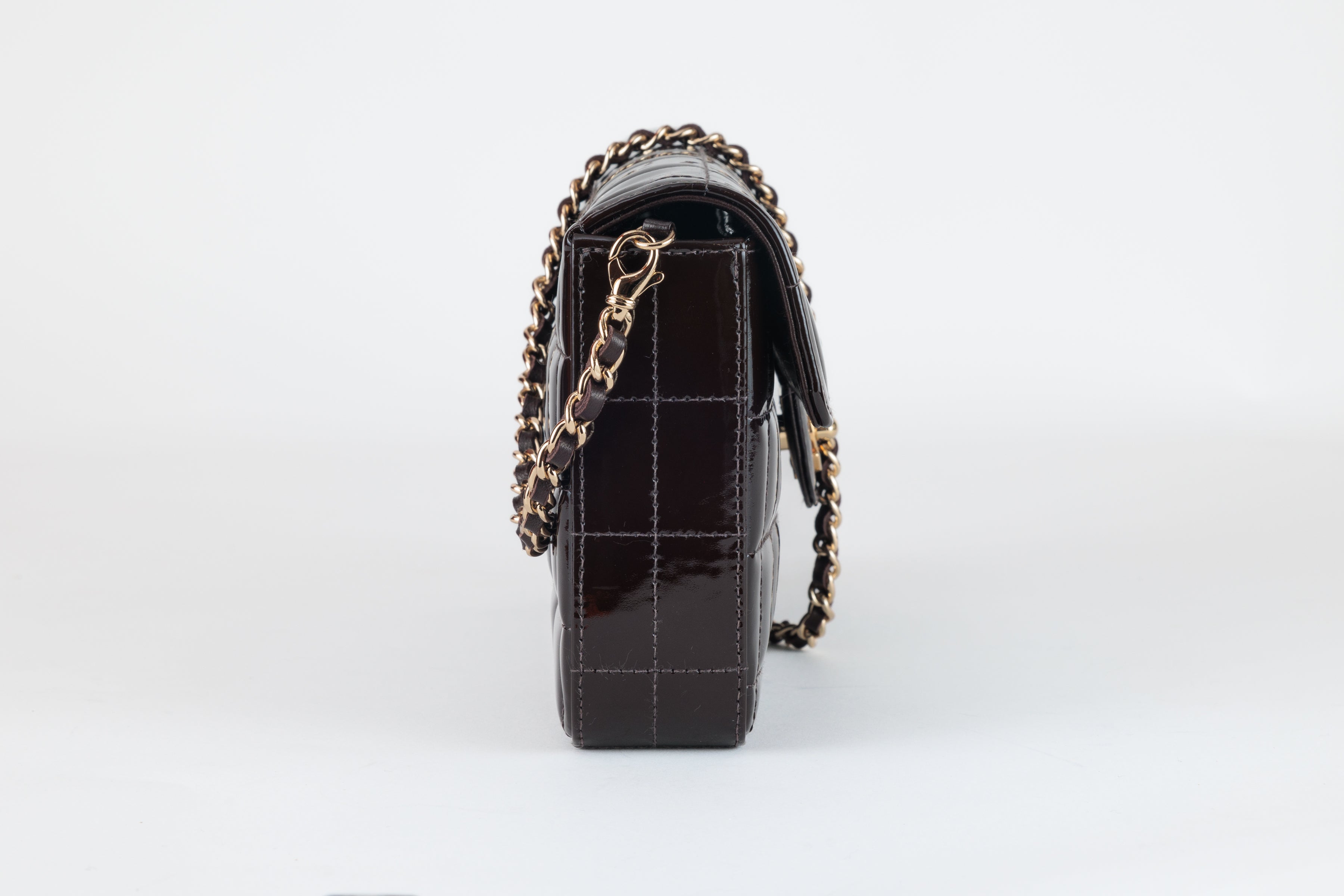 Chanel Brown Patent Leather  Chocolate Bar East West Flap Bag with Gold Hardware